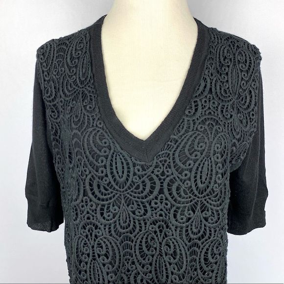 LELA ROSE EMBROIDERED V-NECK SHORT SLEEVE KNIT SWEATER Top - Picture 4 of 8
